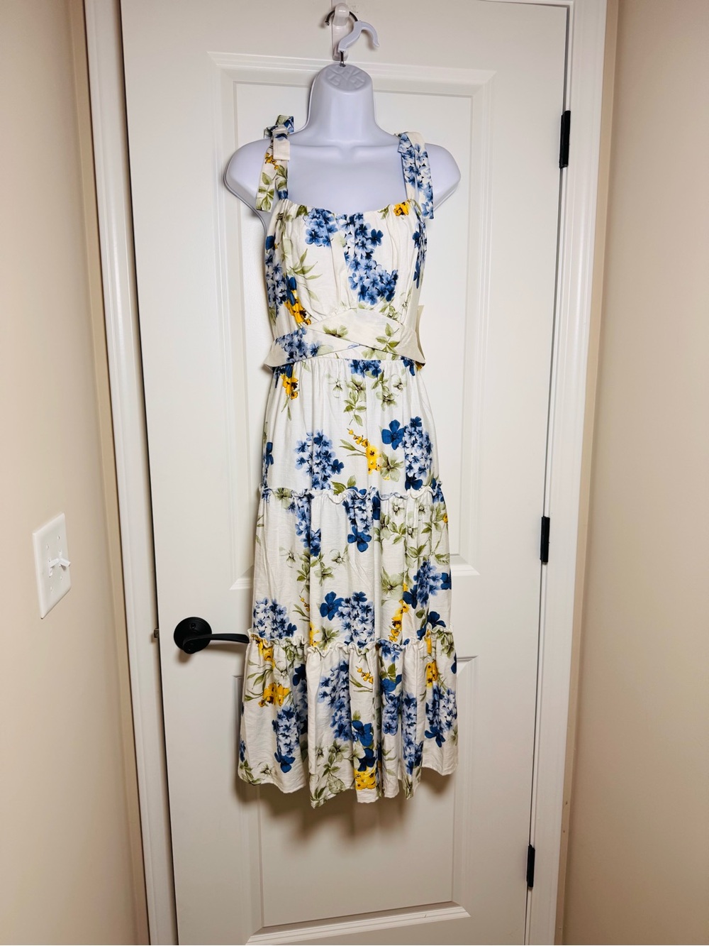 Kate and Lily White Floral Midi Dress with Blue & Yellow Blooms